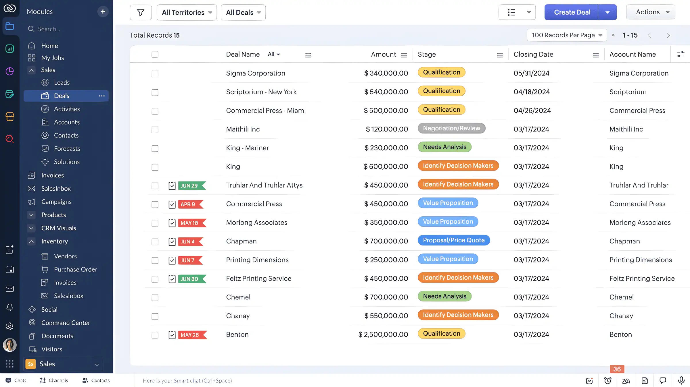 Zoho CRM Deals Dashboard - Sales pipeline with deal stages, amounts, closing dates, and account management